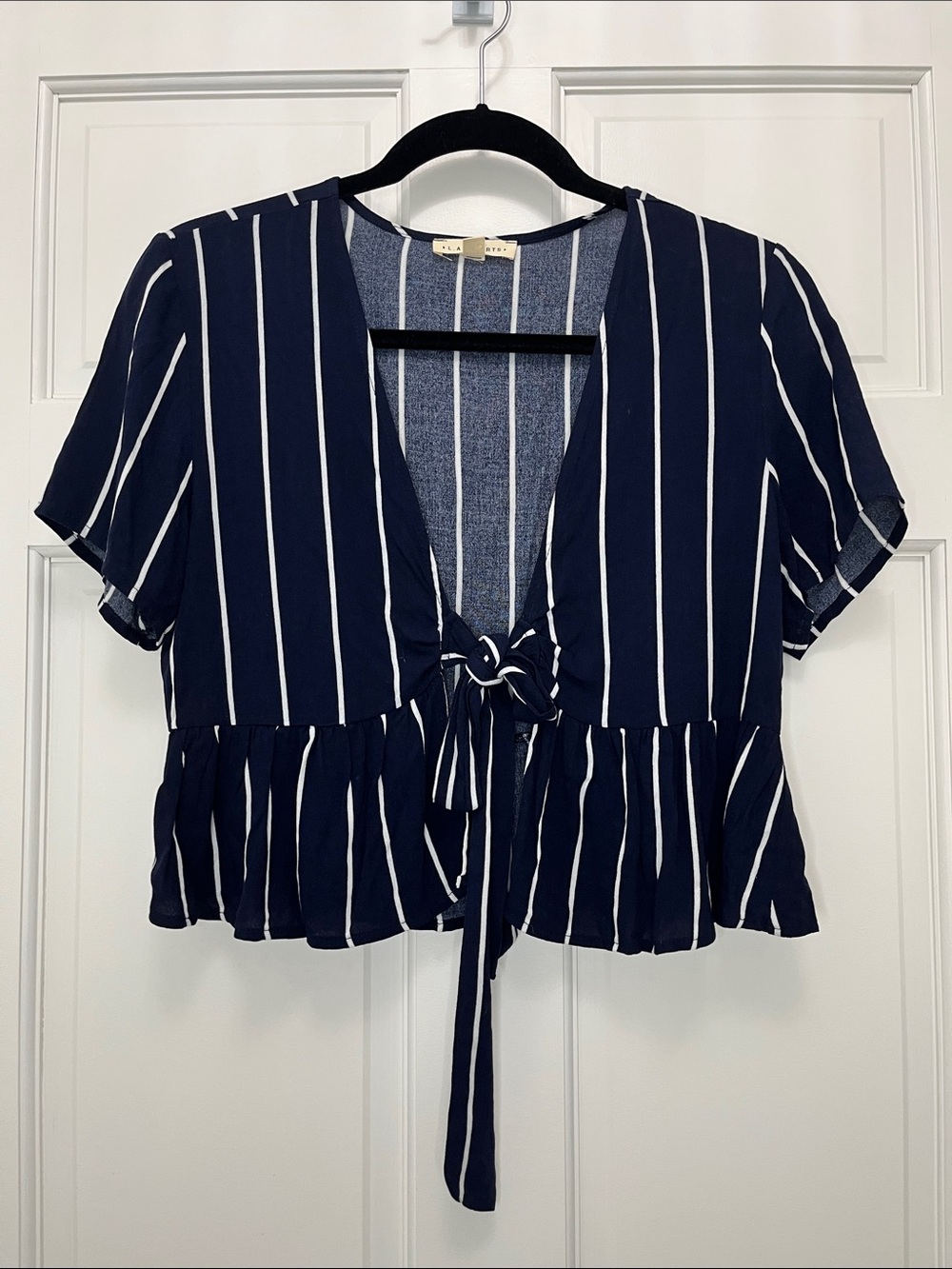 La Hearts Navy and White Stripe Tie-Front Peplum Cropped Blouse - Size Small